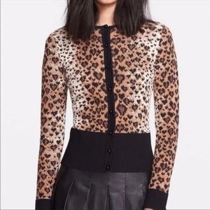 Red Valentino Leopard Heart Print Jacquard Wool Silk Stretch Cardigan Sweater